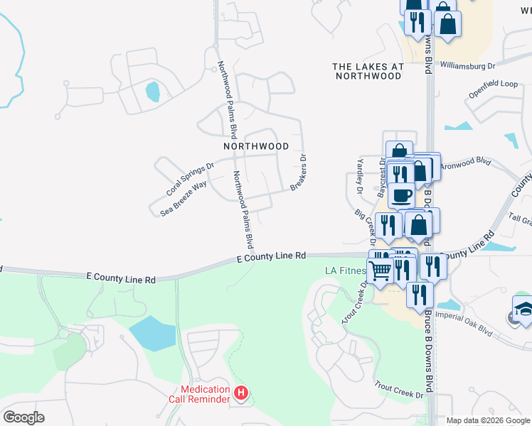 map of restaurants, bars, coffee shops, grocery stores, and more near 1112 Conch Court in Wesley Chapel