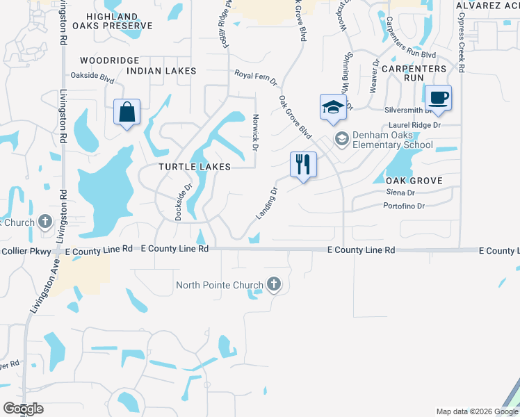 map of restaurants, bars, coffee shops, grocery stores, and more near 24231 Landing Drive in Lutz
