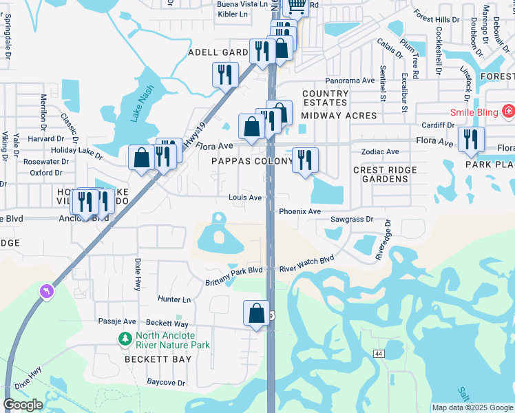 map of restaurants, bars, coffee shops, grocery stores, and more near 1033 U.S. 19 in Holiday
