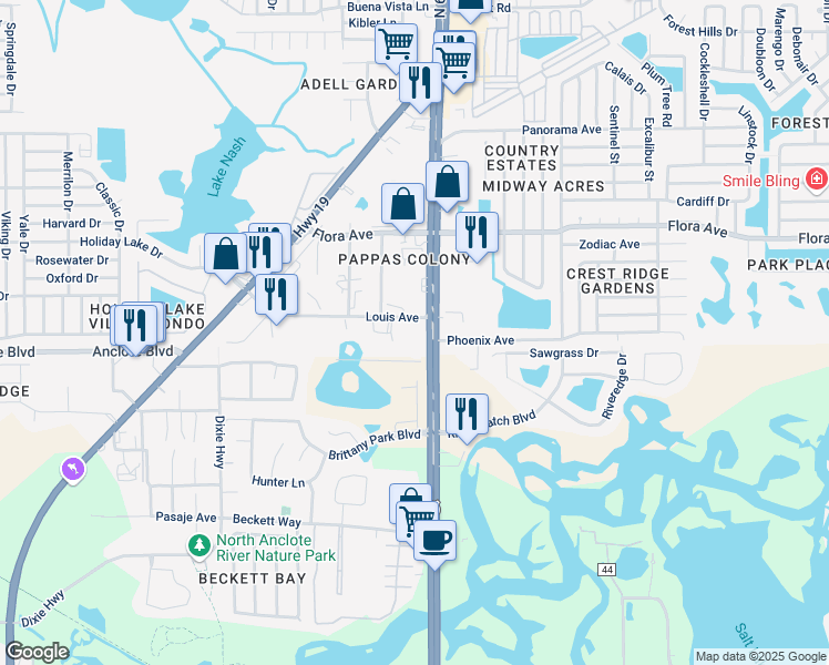 map of restaurants, bars, coffee shops, grocery stores, and more near 1033 U.S. 19 in Holiday