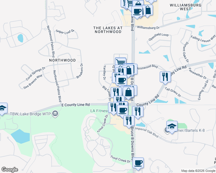 map of restaurants, bars, coffee shops, grocery stores, and more near 1113 Big Creek Drive in Wesley Chapel