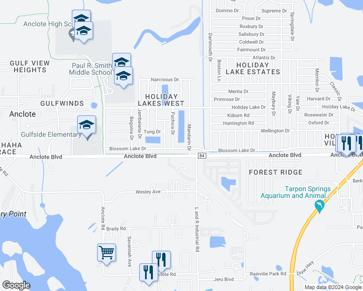 map of restaurants, bars, coffee shops, grocery stores, and more near 2831 Blossom Lake Drive in Holiday