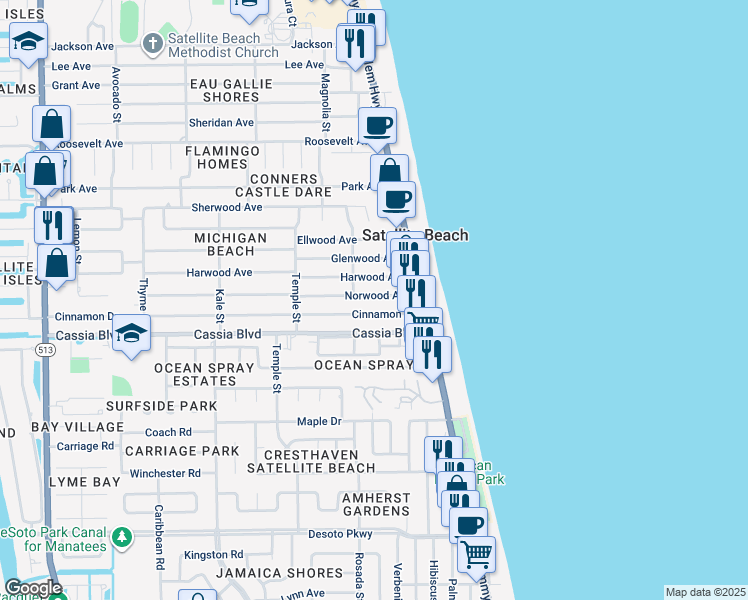 map of restaurants, bars, coffee shops, grocery stores, and more near 171 Norwood Avenue in Satellite Beach