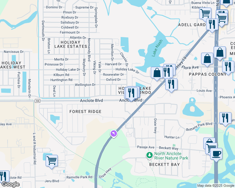 map of restaurants, bars, coffee shops, grocery stores, and more near 1018 Pert Lane in Holiday