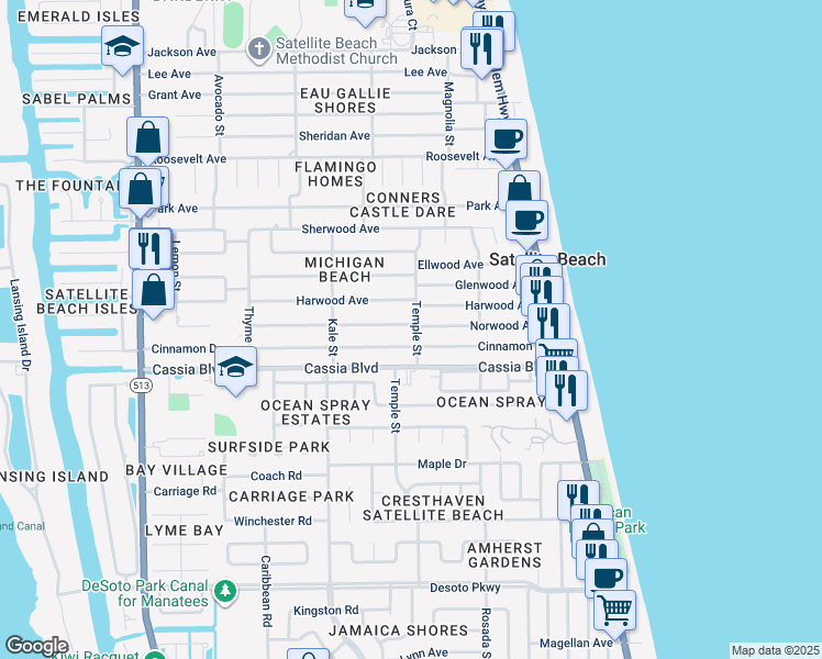 map of restaurants, bars, coffee shops, grocery stores, and more near 301 Norwood Avenue in Satellite Beach
