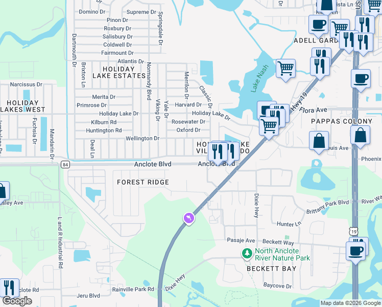 map of restaurants, bars, coffee shops, grocery stores, and more near 185 County Road 84 in Tarpon Springs