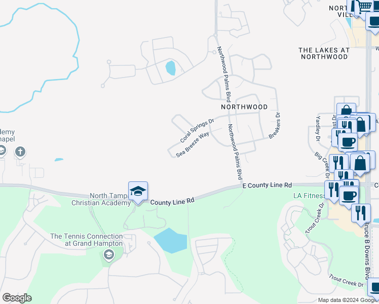 map of restaurants, bars, coffee shops, grocery stores, and more near 27038 Sea Breeze Way in Wesley Chapel