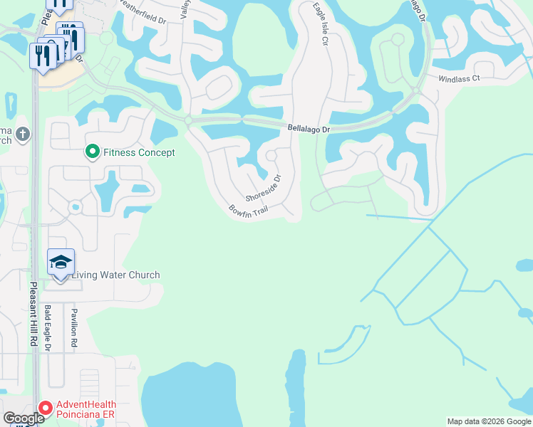 map of restaurants, bars, coffee shops, grocery stores, and more near 3875 Bowfin Trail in Kissimmee