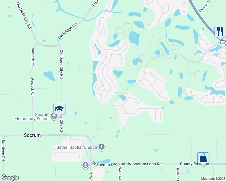 map of restaurants, bars, coffee shops, grocery stores, and more near Big Apple Lane in Lakeland