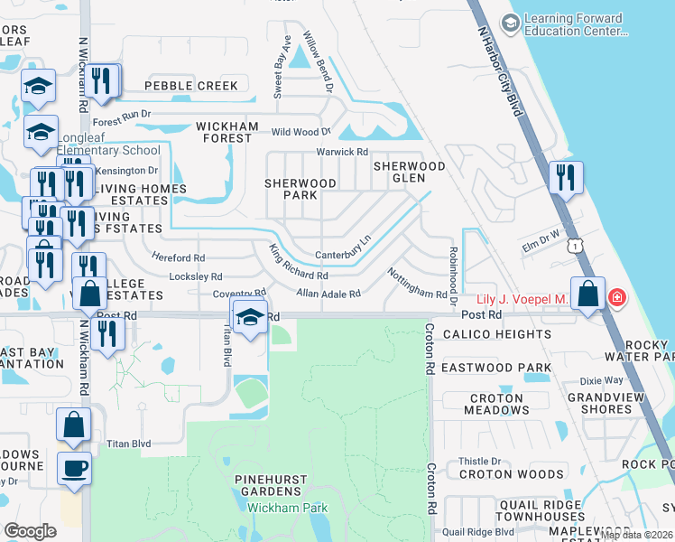 map of restaurants, bars, coffee shops, grocery stores, and more near 2275 Canterbury Lane in Melbourne