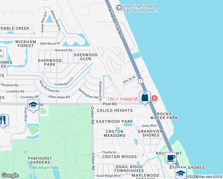map of restaurants, bars, coffee shops, grocery stores, and more near 4151 Robinhood Drive in Melbourne