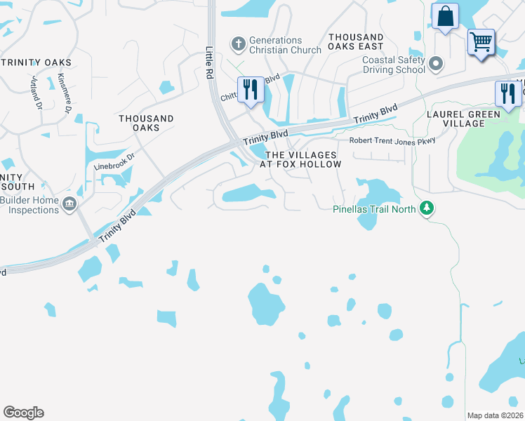 map of restaurants, bars, coffee shops, grocery stores, and more near 9135 Callaway Drive in Trinity