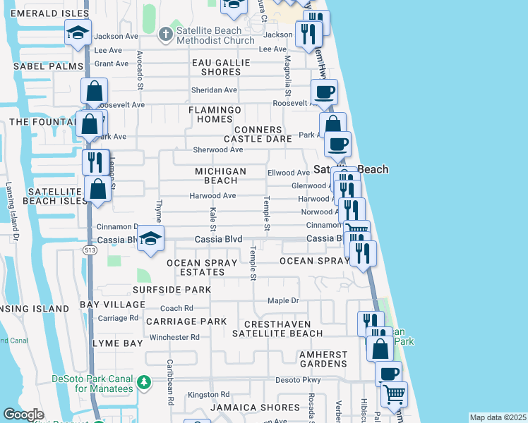 map of restaurants, bars, coffee shops, grocery stores, and more near 301 Norwood Avenue in Satellite Beach