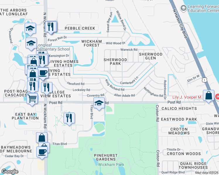 map of restaurants, bars, coffee shops, grocery stores, and more near 2442 King Richard Road in Melbourne