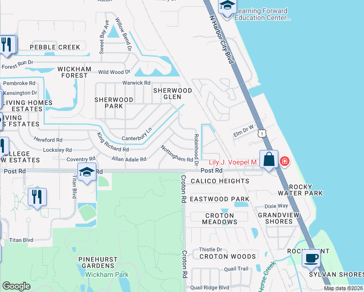 map of restaurants, bars, coffee shops, grocery stores, and more near 2076 Maid Marian Lane in Melbourne
