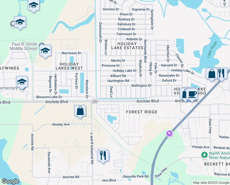 map of restaurants, bars, coffee shops, grocery stores, and more near 1031 Saxon Lane in Holiday