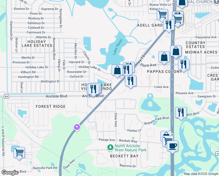 map of restaurants, bars, coffee shops, grocery stores, and more near 3974 Sailmaker Lane in Holiday