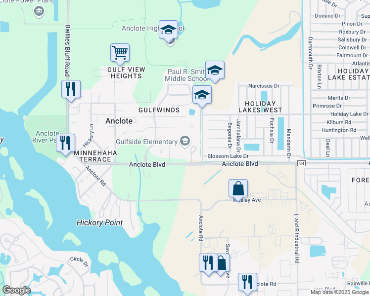 map of restaurants, bars, coffee shops, grocery stores, and more near 2329 Anclote Boulevard in Holiday