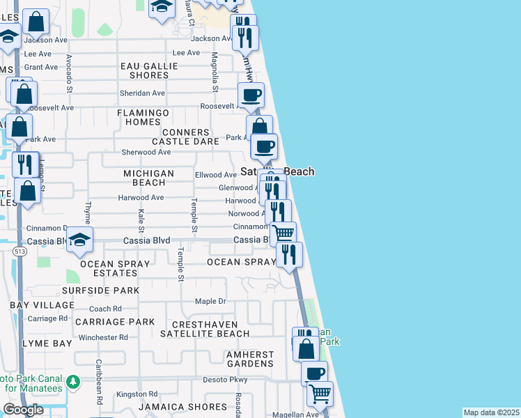 map of restaurants, bars, coffee shops, grocery stores, and more near 140 Norwood Avenue in Satellite Beach