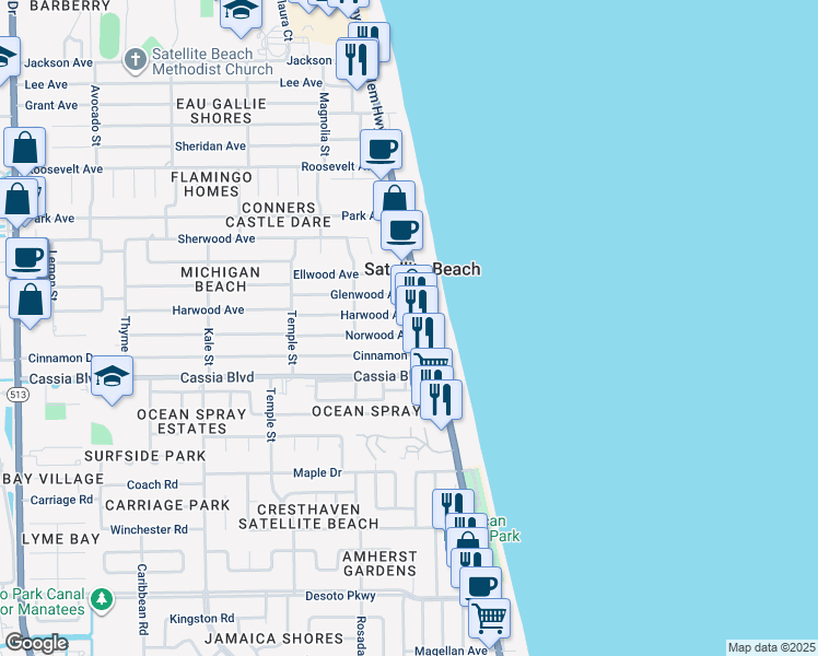 map of restaurants, bars, coffee shops, grocery stores, and more near 1346 Florida A1A in Satellite Beach