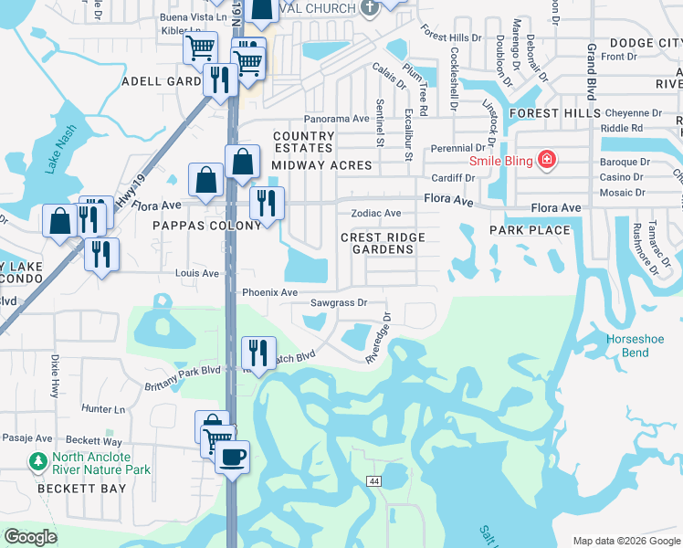 map of restaurants, bars, coffee shops, grocery stores, and more near 1030 Landau Street in Holiday