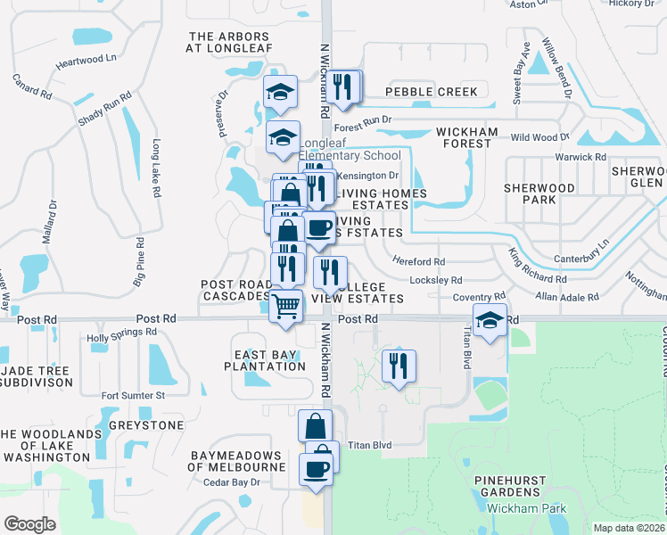map of restaurants, bars, coffee shops, grocery stores, and more near 2910 College View Drive in Melbourne