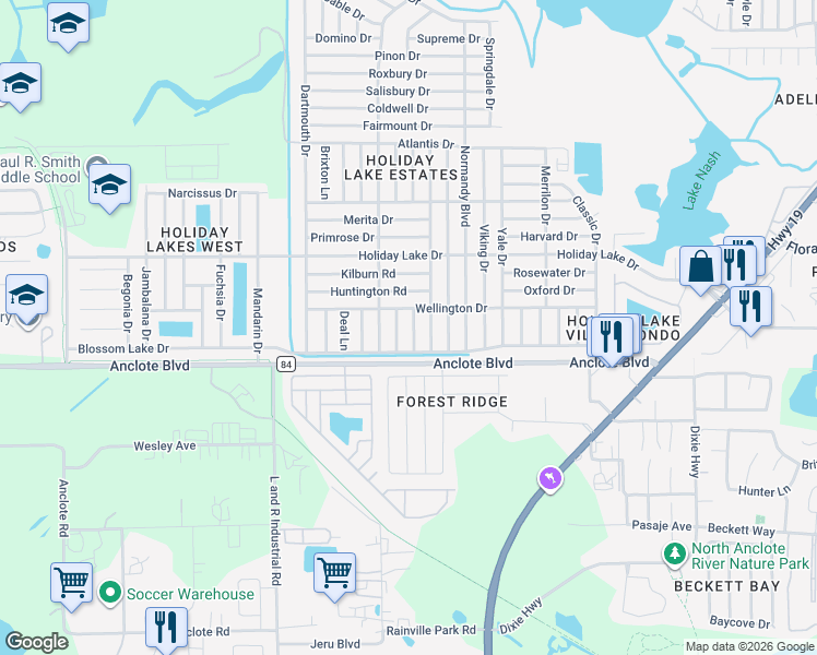 map of restaurants, bars, coffee shops, grocery stores, and more near 1037 Prescott Lane in Holiday