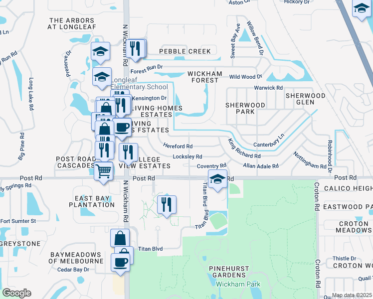 map of restaurants, bars, coffee shops, grocery stores, and more near 4140 Hammock Road in Melbourne