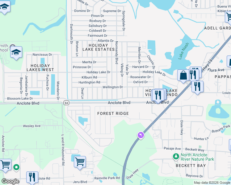 map of restaurants, bars, coffee shops, grocery stores, and more near 1037 Normandy Boulevard in Holiday