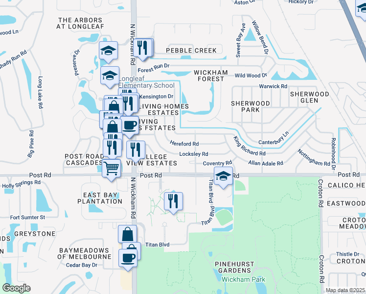 map of restaurants, bars, coffee shops, grocery stores, and more near 2711 Hereford Road in Melbourne