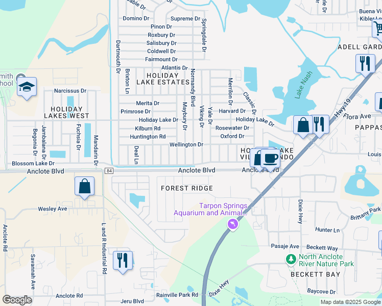 map of restaurants, bars, coffee shops, grocery stores, and more near 1037 Normandy Boulevard in Holiday