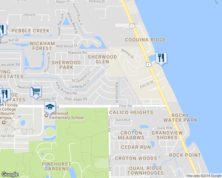 map of restaurants, bars, coffee shops, grocery stores, and more near 2053 Little John Road in Melbourne