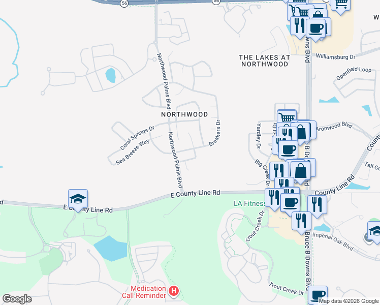 map of restaurants, bars, coffee shops, grocery stores, and more near 27346 Breakers Drive in Wesley Chapel