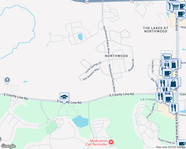 map of restaurants, bars, coffee shops, grocery stores, and more near 27112 Sea Breeze Way in Wesley Chapel