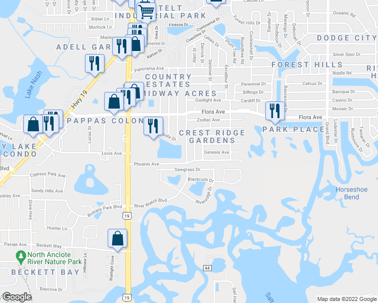 map of restaurants, bars, coffee shops, grocery stores, and more near 1038 Landau Street in Holiday