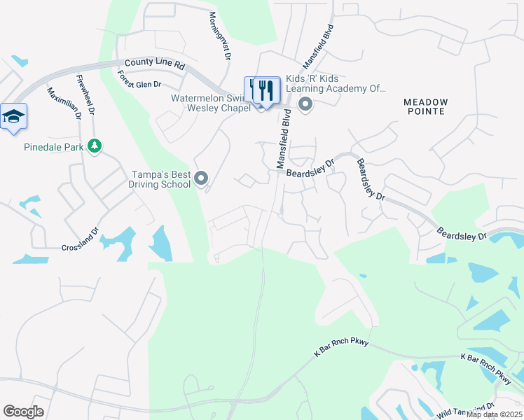 map of restaurants, bars, coffee shops, grocery stores, and more near 1228 Godavari Way in Wesley Chapel