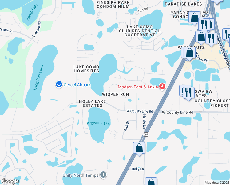 map of restaurants, bars, coffee shops, grocery stores, and more near 20315 Mid Court in Lutz