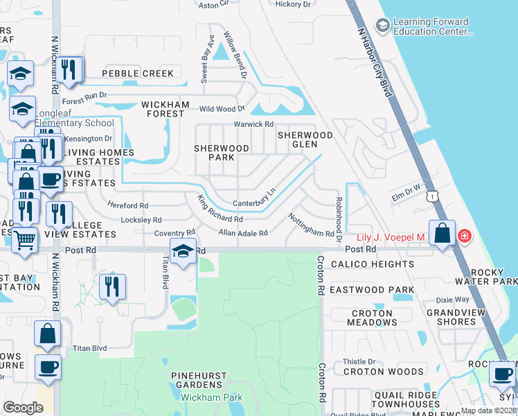 map of restaurants, bars, coffee shops, grocery stores, and more near 2275 Canterbury Lane in Melbourne