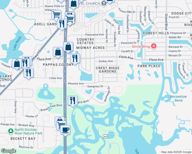map of restaurants, bars, coffee shops, grocery stores, and more near 1038 Landau Street in Holiday