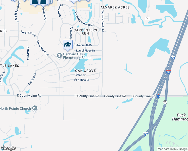 map of restaurants, bars, coffee shops, grocery stores, and more near 24904 Siena Drive in Lutz