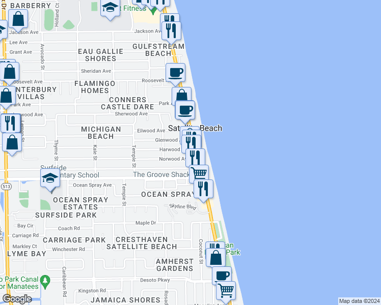 map of restaurants, bars, coffee shops, grocery stores, and more near 1346 Florida A1A in Satellite Beach
