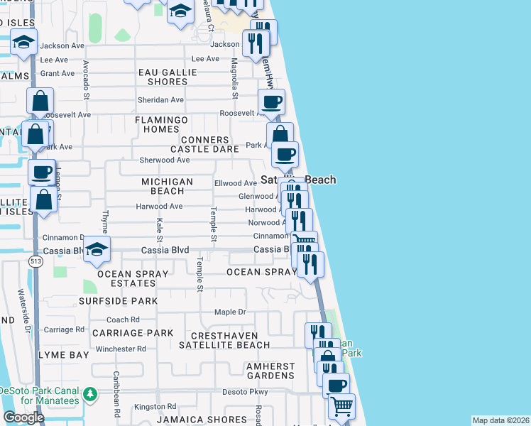 map of restaurants, bars, coffee shops, grocery stores, and more near 179 Harwood Avenue in Satellite Beach