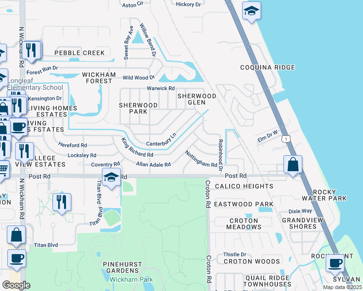 map of restaurants, bars, coffee shops, grocery stores, and more near 2187 King Richard Road in Melbourne