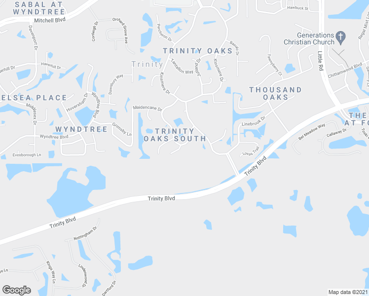 map of restaurants, bars, coffee shops, grocery stores, and more near 1051 Maravista Drive in Trinity