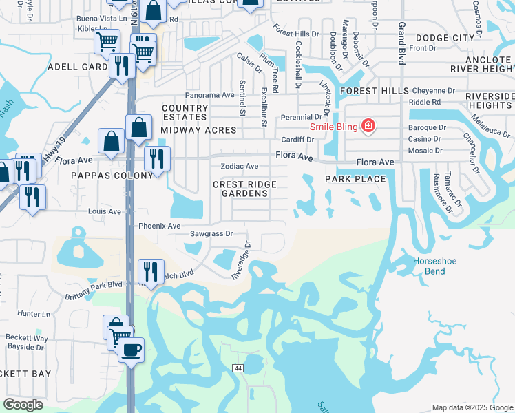 map of restaurants, bars, coffee shops, grocery stores, and more near 4929 Genesis Avenue in Holiday