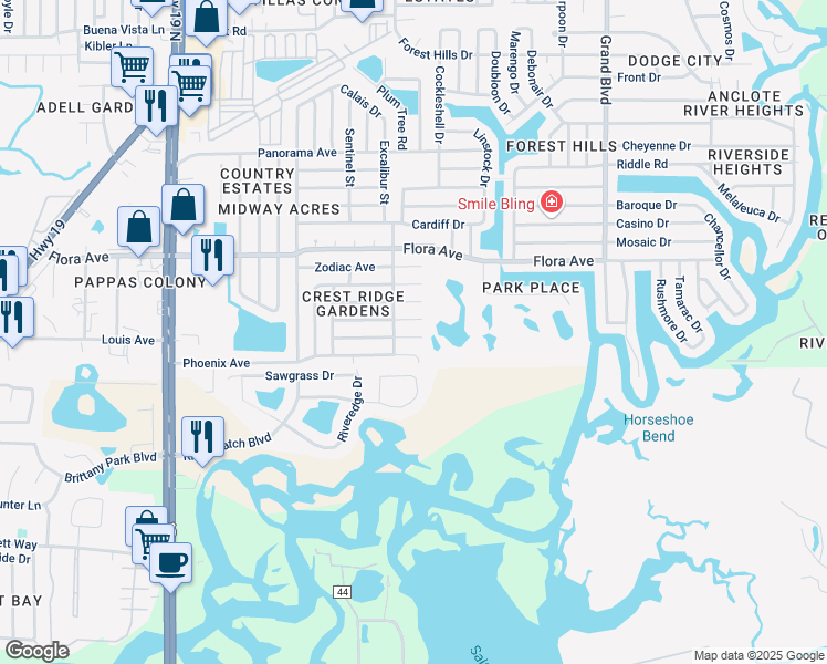 map of restaurants, bars, coffee shops, grocery stores, and more near 5025 Genesis Avenue in Holiday