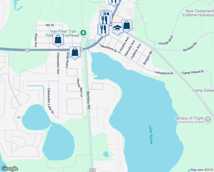 map of restaurants, bars, coffee shops, grocery stores, and more near 255 Bayberry Drive in Polk City