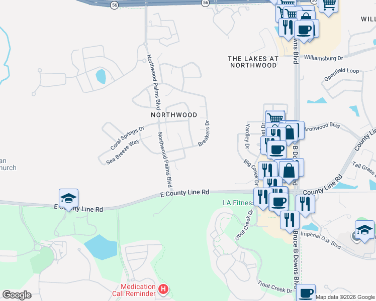 map of restaurants, bars, coffee shops, grocery stores, and more near 27416 Breakers Drive in Wesley Chapel