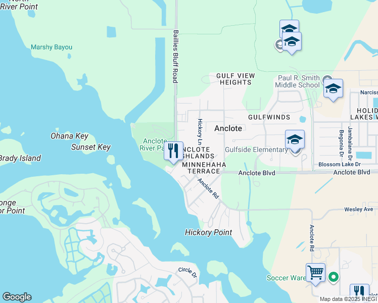 map of restaurants, bars, coffee shops, grocery stores, and more near 1103 Hickory Lane in Holiday