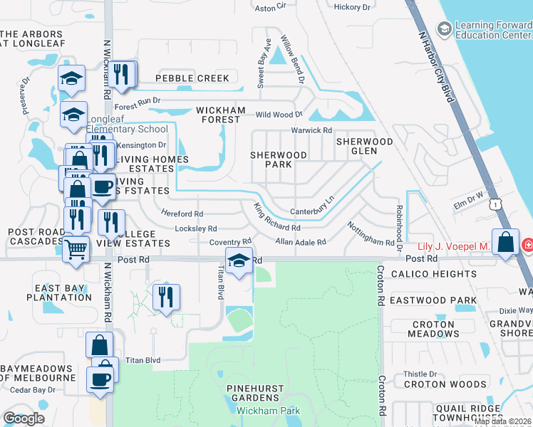 map of restaurants, bars, coffee shops, grocery stores, and more near 2442 King Richard Road in Melbourne